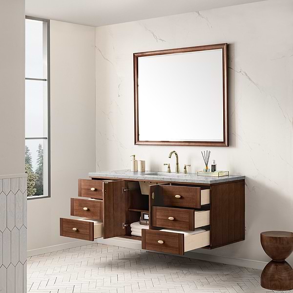 James Martin Vanities Amberly Mid-Century Walnut 60" Single Vanity with Eternal Jasmine Pearl Top