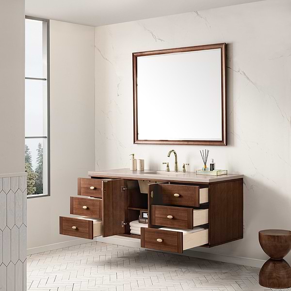 James Martin Vanities Amberly Mid-Century Walnut 60" Single Vanity with Eternal Marfil Quartz Top