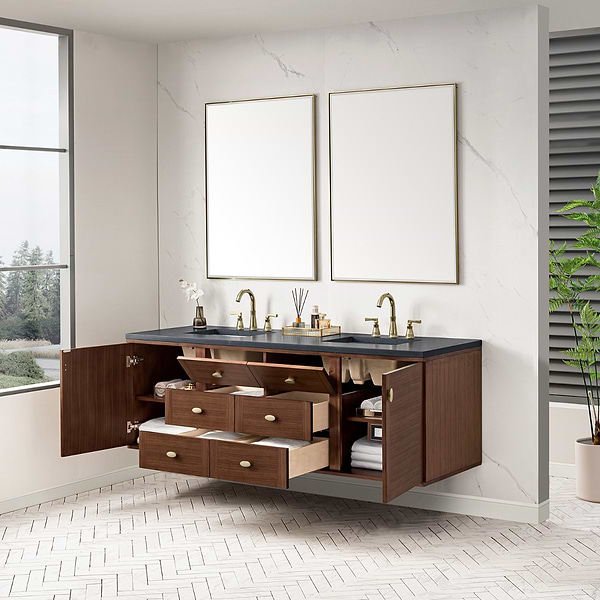 James Martin Vanities Amberly Mid-Century Walnut 72" Double Vanity with Charcoal Soapstone Quartz Top