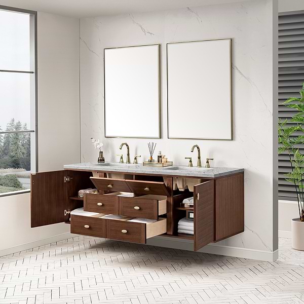 James Martin Vanities Amberly Mid-Century Walnut 72" Double Vanity with Eternal Jasmine Pearl Top