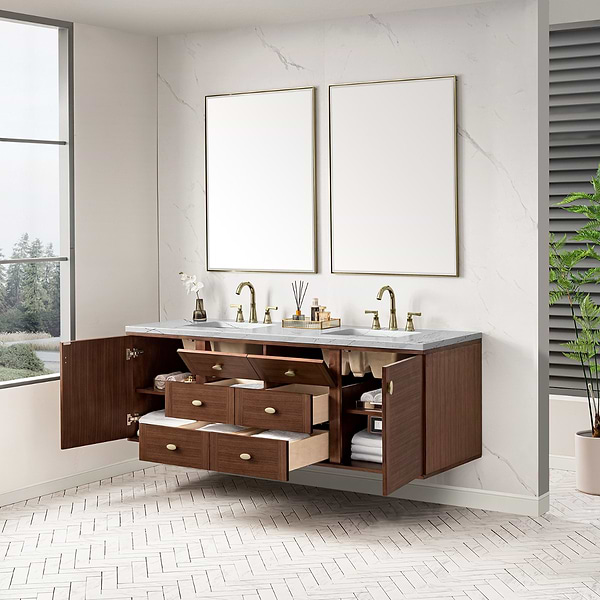 James Martin Vanities Amberly Mid-Century Walnut 72" Double Vanity with Ethereal Noctis Quartz Top