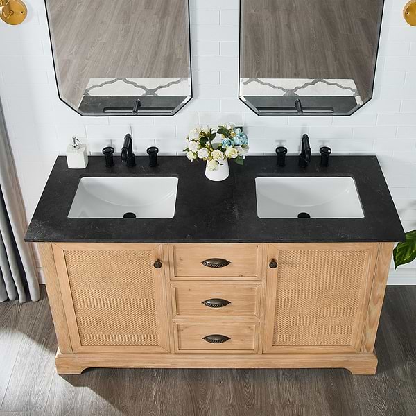 Olivier Blonde Wood 60" Double Vanity with Black Marble Top