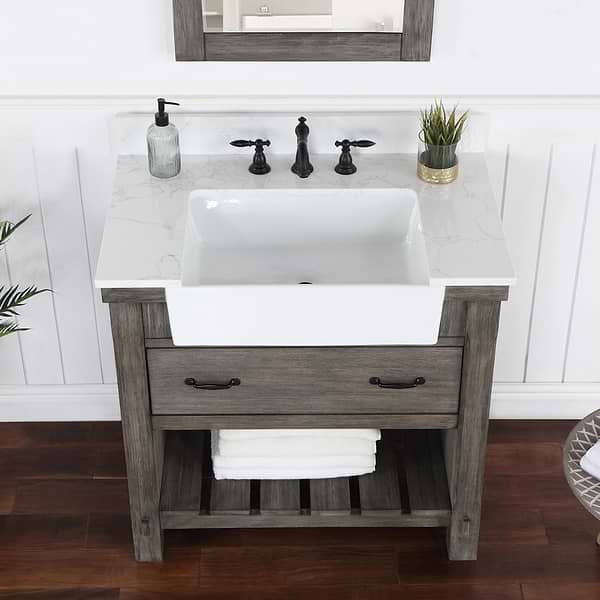 Inwood Gray Oak 36" Single Vanity with White Stone Top and Farmhouse Sink