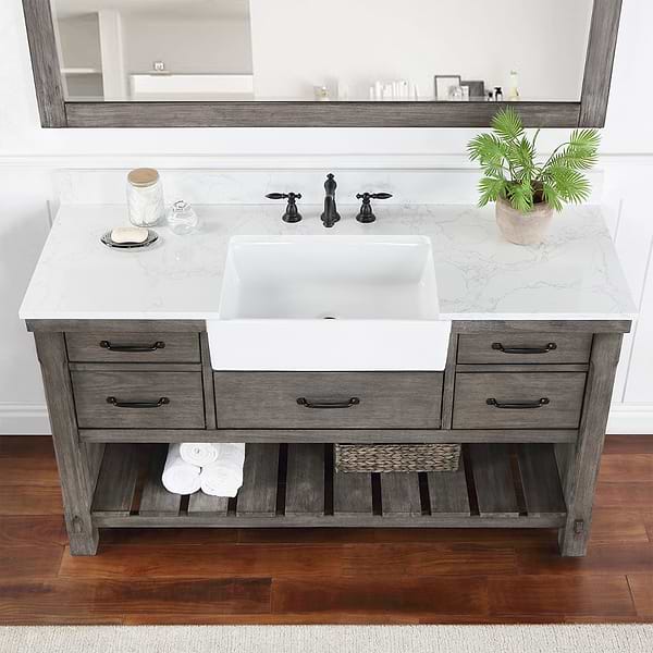 Inwood Gray Oak 60" Single Vanity with White Stone Top and Farmhouse  Sink