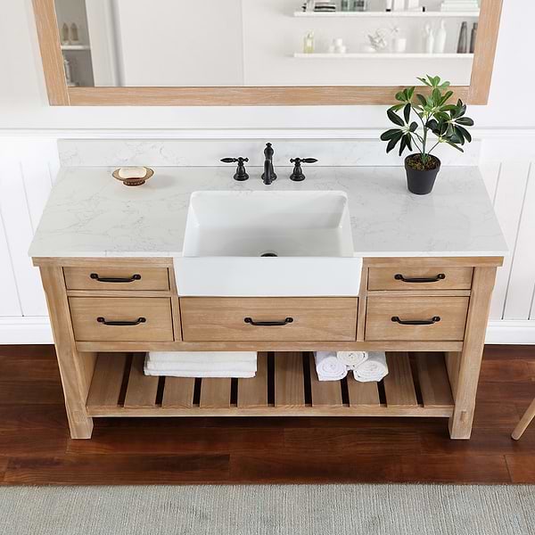 Inwood Blonde Oak 60" Single Vanity with White Stone Top and Farmhouse  Sink