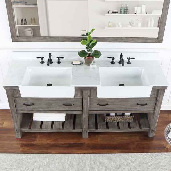 Inwood Gray Oak 72" Double Vanity with White Stone Top and Farmhouse Sink