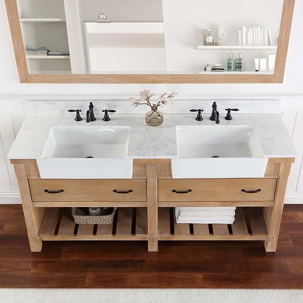 Inwood Blonde Oak 72" Double Vanity with White Stone Top and Farmhouse Sink