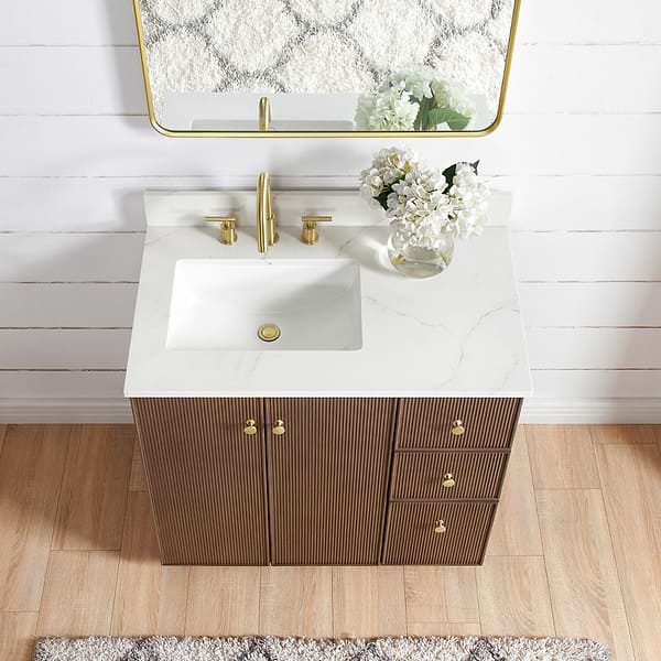 Florencia Brown Oak 36" Single Vanity with Pacific White Quartz Top