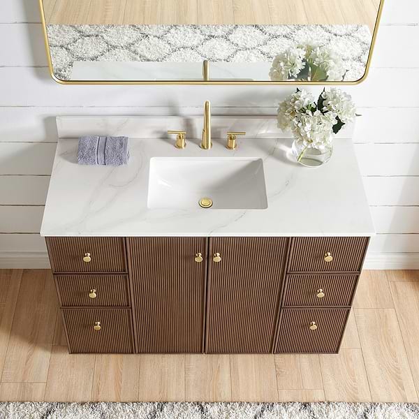 Florencia Brown Oak 48" Single Vanity with Pacific White Quartz Top