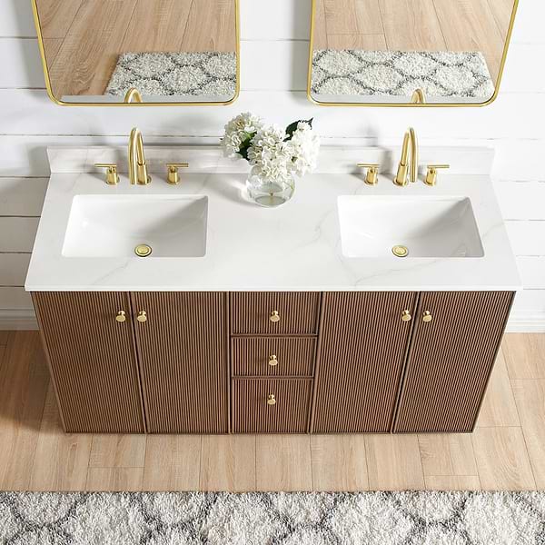Florencia Brown Oak 60" Double Vanity with Pacific White Quartz Top