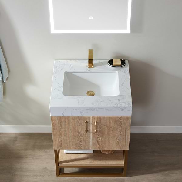 Ithica White Oak 24" Single Vanity and Gold Hardware with Atlantic Stone Top