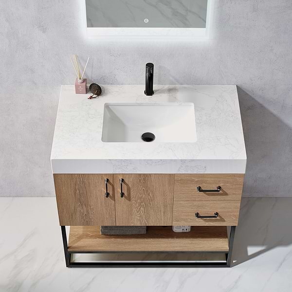 Ithica White Oak 36" Single Vanity and Black Hardware with Atlantic Stone Top