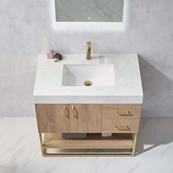 Ithica White Oak 36" Single Vanity and Gold Hardware with Atlantic Stone Top
