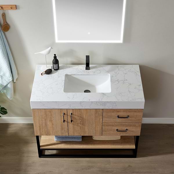 Ithica White Oak 42" Single Vanity and Black Hardware with Atlantic Stone Top