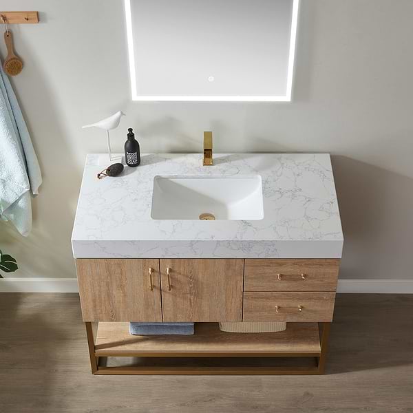 Ithica White Oak 42" Single Vanity and Gold Hardware with Atlantic Stone Top
