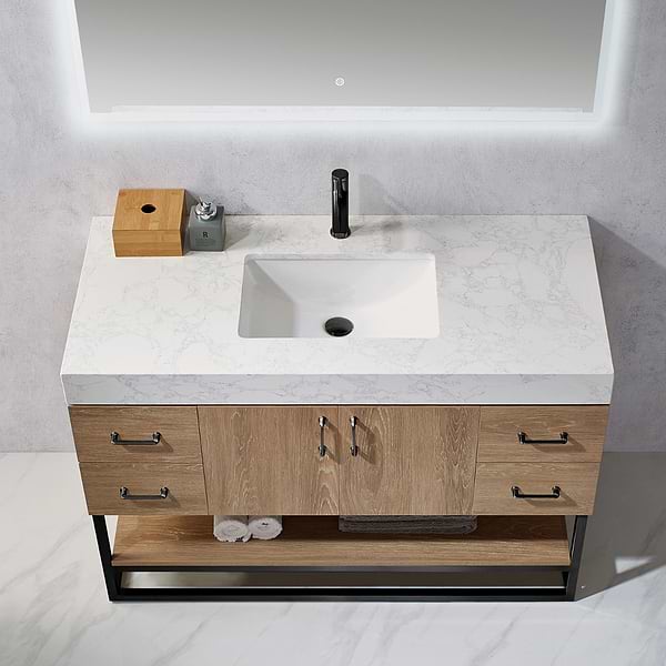 Ithica White Oak 48" Single Vanity and Black Hardware with Atlantic Stone Top