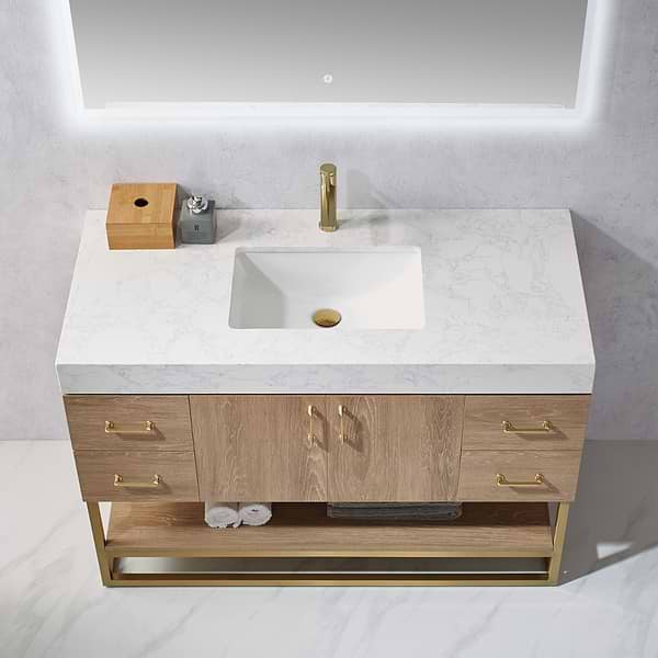 Ithica White Oak 48" Single Vanity and Gold Hardware with Atlantic Stone Top