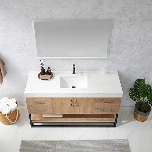 Ithica White Oak 60" Single Vanity and Black Hardware with Atlantic Stone Top