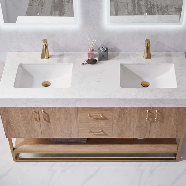Ithica White Oak 60" Double Vanity and Gold Hardware with Atlantic Stone Top