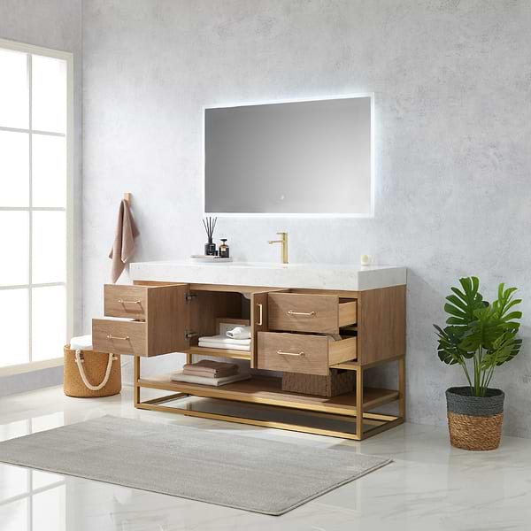 Ithica White Oak 60" Single Vanity and Gold Hardware with Atlantic Stone Top