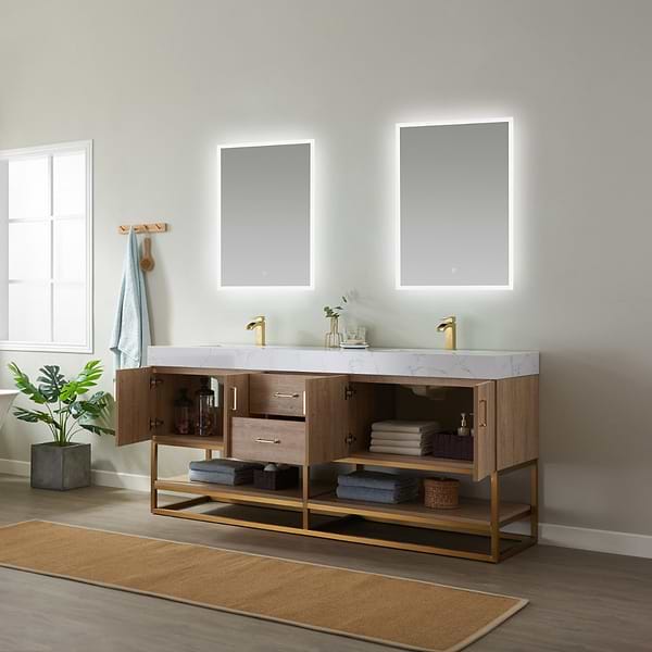 Ithica White Oak 72" Double Vanity and Gold Hardware with Atlantic Stone Top