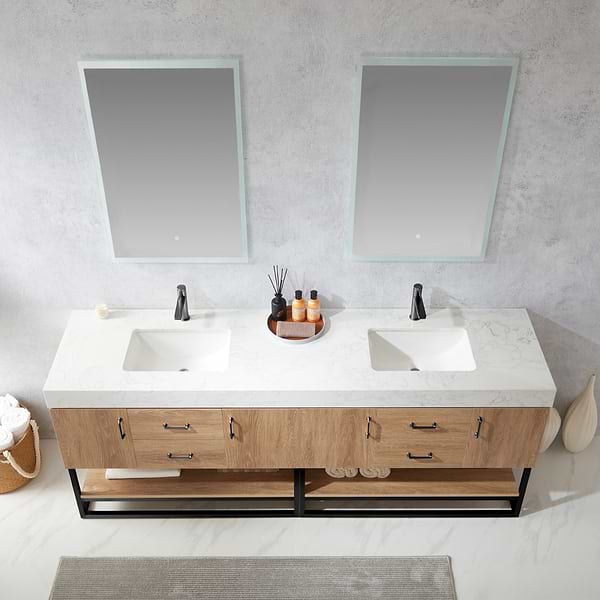 Ithica White Oak 84" Double Vanity and Black Hardware with Atlantic Stone Top