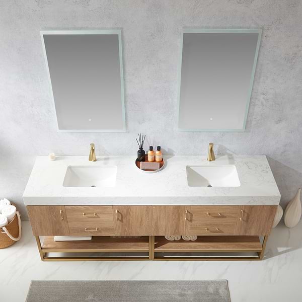 Ithica White Oak 84" Double Vanity and Gold Hardware with Atlantic Stone Top