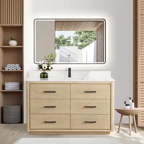 Genora Blonde Oak 55" Single Vanity with Pacific White Quartz Top