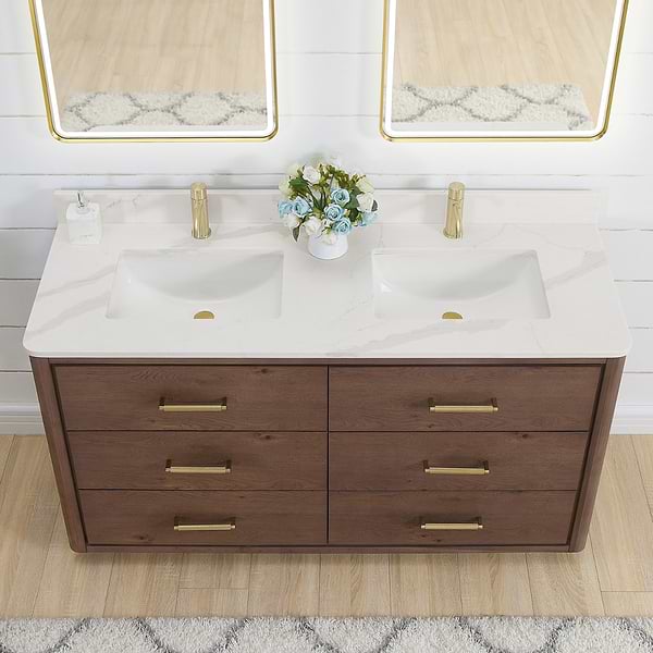 Genora Brown Oak 60" Double Vanity with Pacific White Quartz Top
