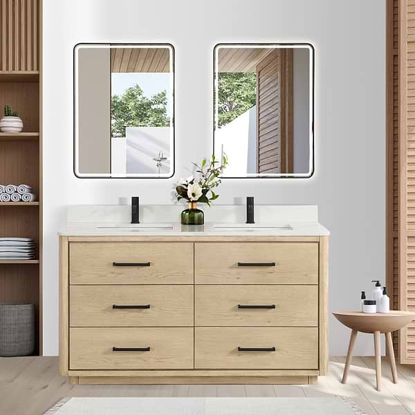 Genora Blonde Oak 60" Double Vanity with Pacific White Quartz Top