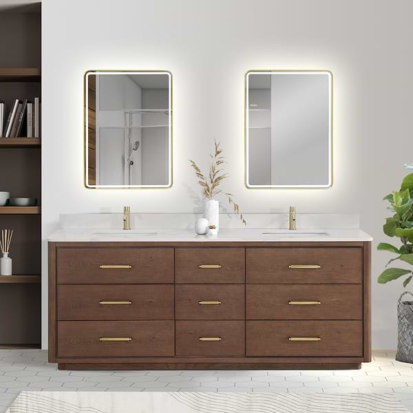 Genora Brown Oak 84" Double Vanity with Pacific White Quartz Top