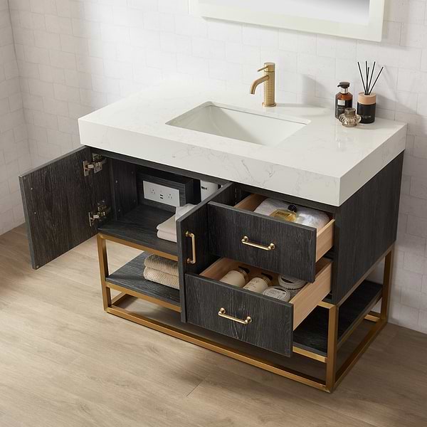 Ithica Black Oak 42" Single Vanity and Gold Hardware with Atlantic Stone Top
