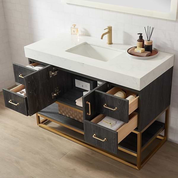 Ithica Black Oak 48" Single Vanity and Gold Hardware with Atlantic Stone Top