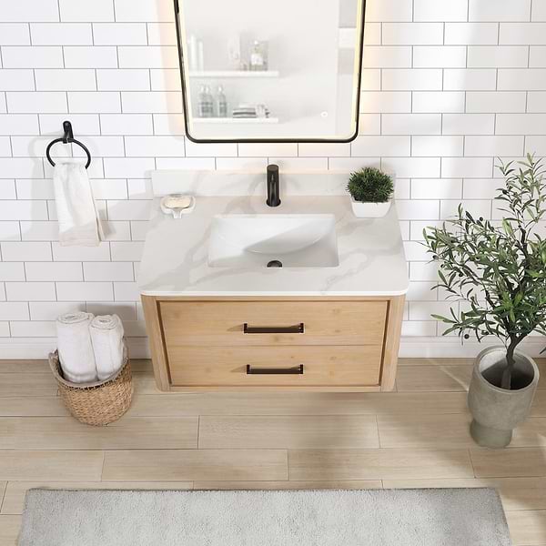 Riven Blonde Oak 36" Sinlge Vanity with Pacific White Quartz Top