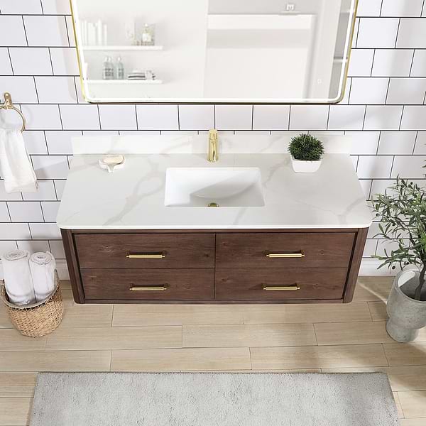 Riven Brown Oak 55" Single Vanity with Pacific White Quartz Top