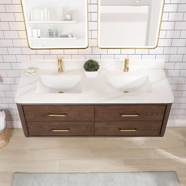 Riven Brown Oak 60" Double Vanity with Pacific White Quartz Top