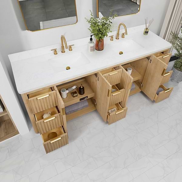 Solara Blonde Oak 84" Double Vanity with Bianco White Stone Top