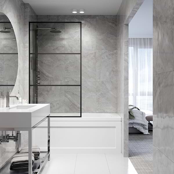 Finestra 34x62" Reversible Fixed Bathtub Door with Striped Clear Glass in Matte Black