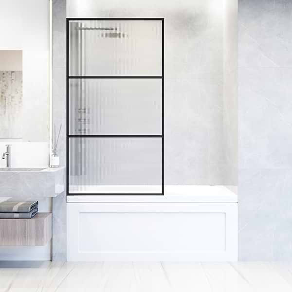Finestra 34x62" Reversible Fixed Bathtub Door with Striped Fluted Glass in Matte Black