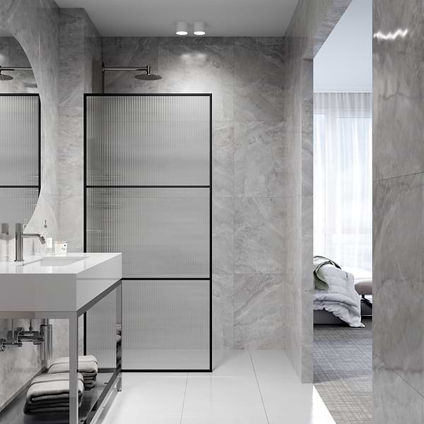 Finestra 34x74" Reversible Fixed Shower Door with Striped Fluted Glass in Matte Black