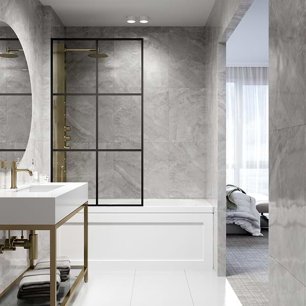 Finestra 34x62" Reversible Fixed Bathtub Door with Large Grid Clear Glass in Matte Black