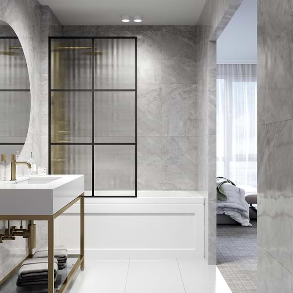 Finestra 34x62" Reversible Fixed Bathtub Door with Large Grid Fluted Glass in Matte Black