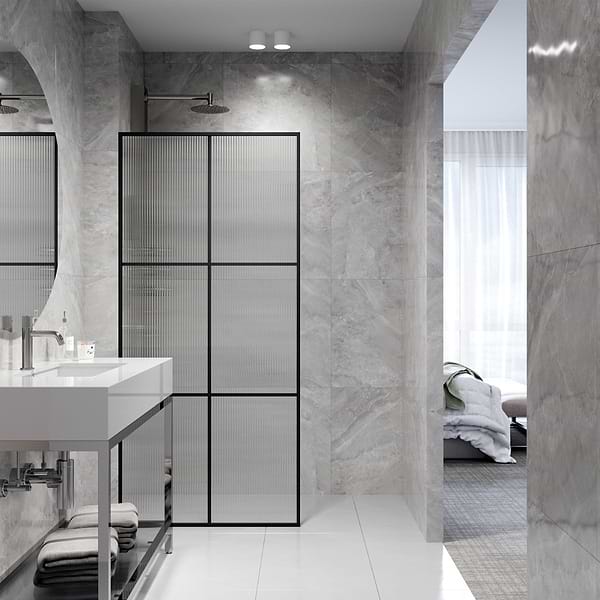 Finestra 34x74" Reversible Fixed Shower Door with Large Grid Fluted Glass in Matte Black
