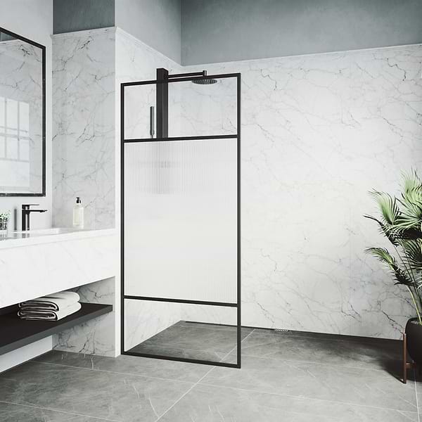 Finestra 34x74" Reversible Fixed Shower Door with Venetian Fluted Glass in Matte Black