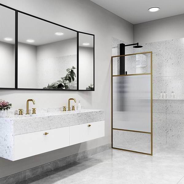 Finestra 34x74" Reversible Fixed Shower Door with Venetian Fluted Glass in Brushed Gold