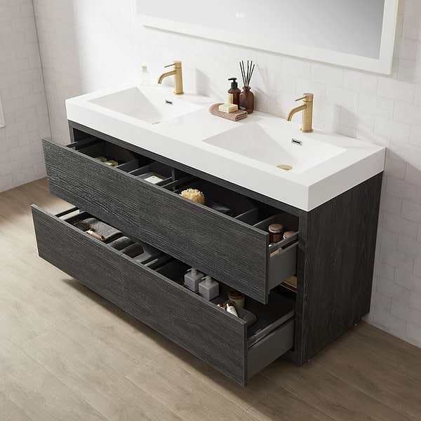 Serrano Black Oak 60" Double Freestanding Vanity with White Integrated Top