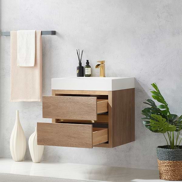 Serrano Blonde Oak 24" Single Floating Vanity with White Integrated Top