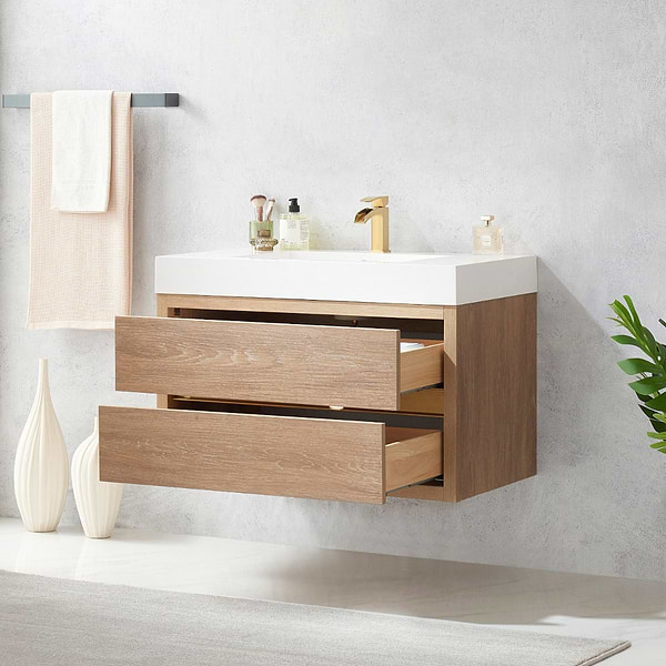 Serrano Blonde Oak 36" Single Floating Vanity with White Integrated Top