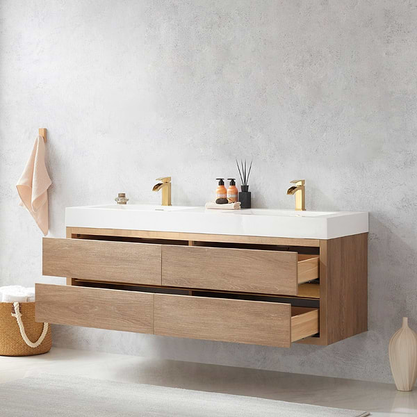 Serrano Blonde Oak 60" Double Floating Vanity with White Integrated Top