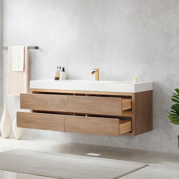 Serrano Blonde Oak 60" Single Floating Vanity with White Integrated Top
